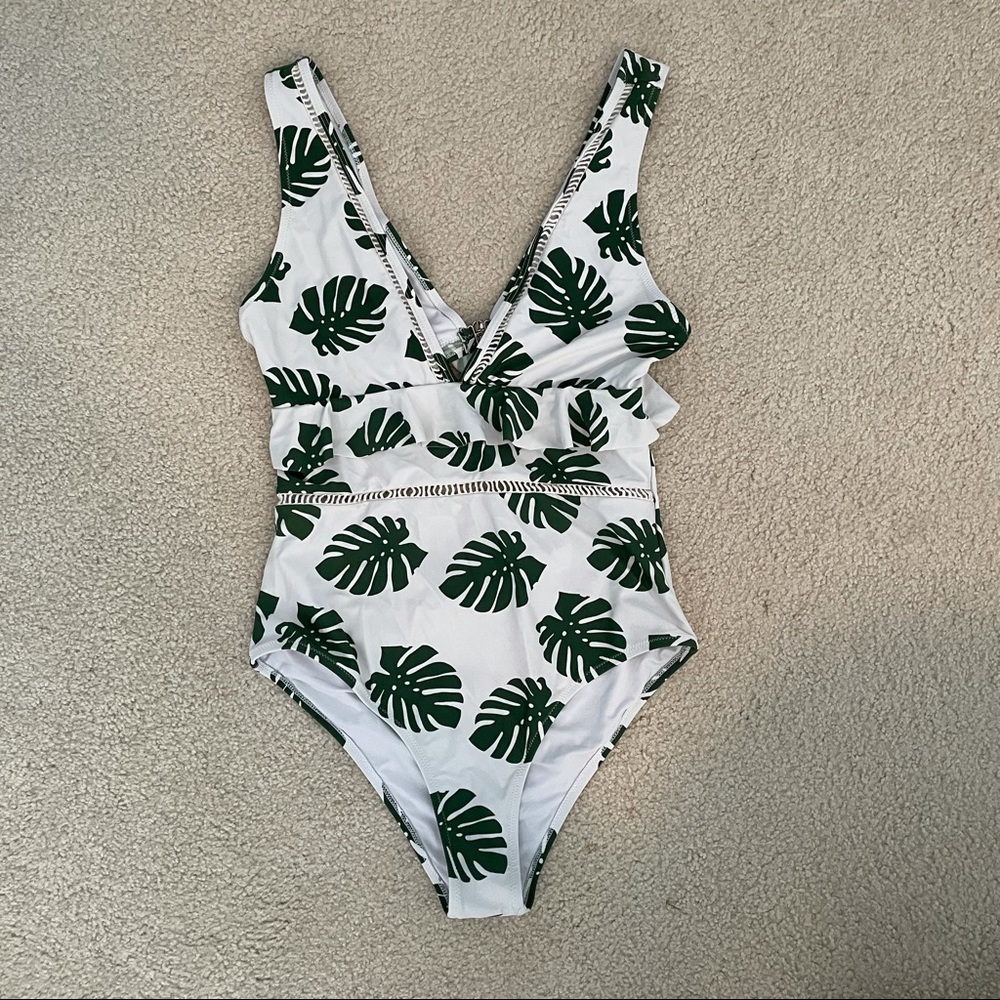 Large One Piece Green and White Leaf Swimsuit
